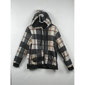 Canyon Creek Plaid Sherpa Lined Zip Hoodie Womens Large 5143HD Black Tan